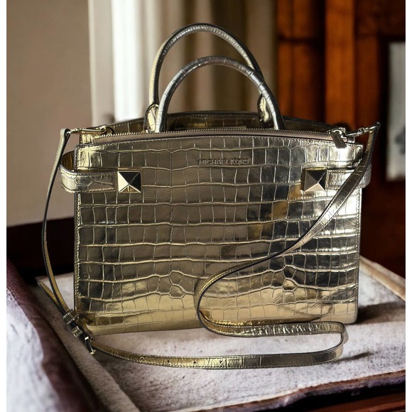 Michael Kors Gold Karla Satchel Shoulder Bag Handbag Purse Embossed Leather - Picture 16 of 16